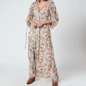 Free People The Earthfolk Maxi Dress Tea Combo Floral Long Cream orange blue